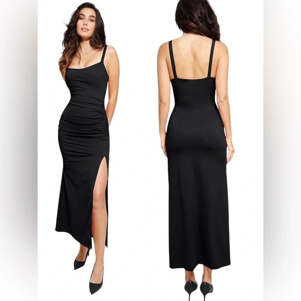 NWT Popilush Built-In Shapewear Ruched Slit Maxi Dress Size XS Black Slimming
